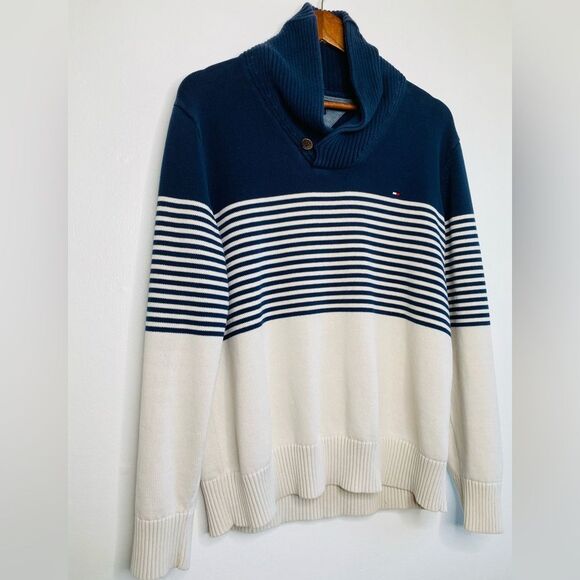 Tommy Hilfiger Cowl neck Sweater Striped Navy blue Size Large - Picture 3 of 7